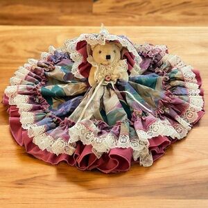 Vintage Teddy Bear Handmade Dress Lace Petticoat, Bonnet, Lace, Ribbon, Earrings